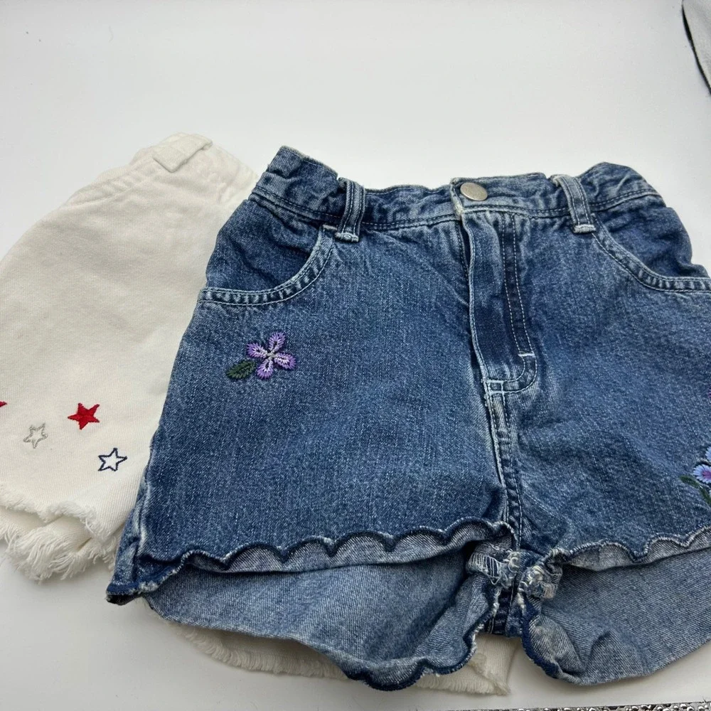 OshKosh Bgosh Vintage 4T Denim Shorts Set White Star Blue Floral Embroidered 90s